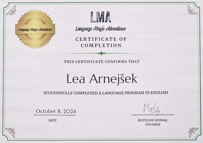 Certifikat oziroma potrdilo Lee Arnejšek 8