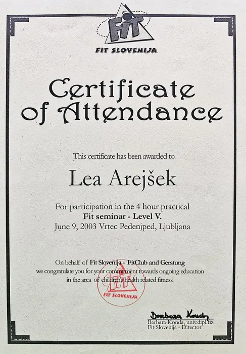 Certifikat oziroma potrdilo Lee Arnejšek 12