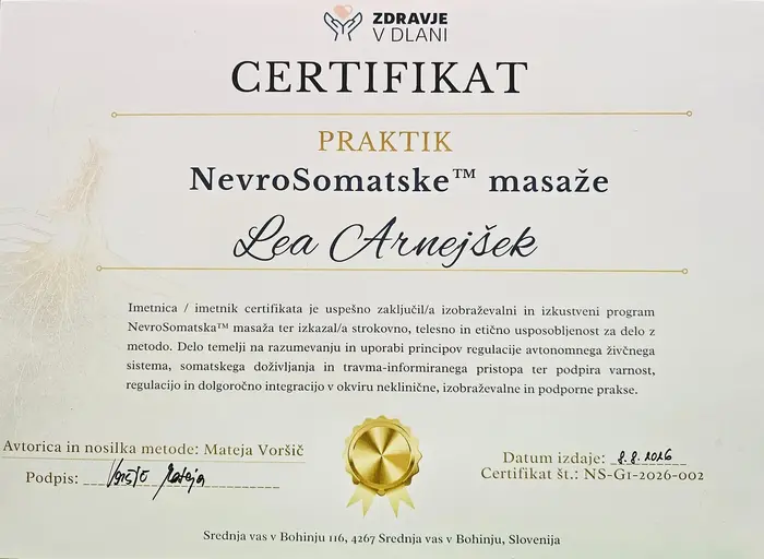 Certifikat praktik NevroSomatske masaže